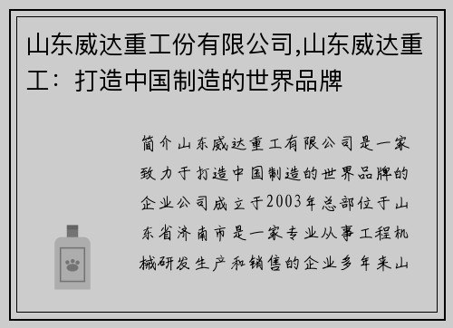 山东威达重工份有限公司,山东威达重工：打造中国制造的世界品牌